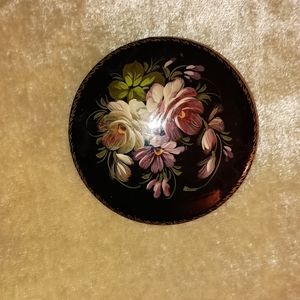 Vintage Hand Painted Lacquer Floral Russian Safety Pin Brooch